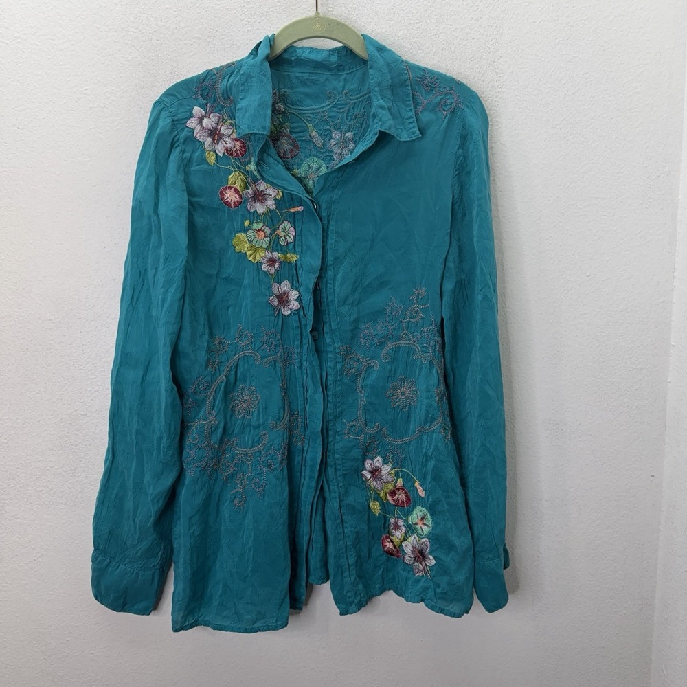 Johnny Was Blue Embroidered Floral Button Up Long Sleeve Top Boho SZ S Oriental